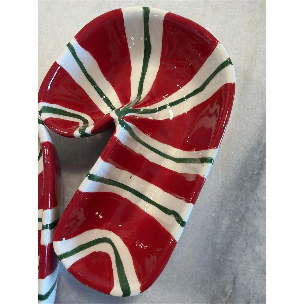 Set Of 2 Pier‎ 1 Imports Christmas Candy Cane Ceramic Dip/ Serving Bowls OLA001